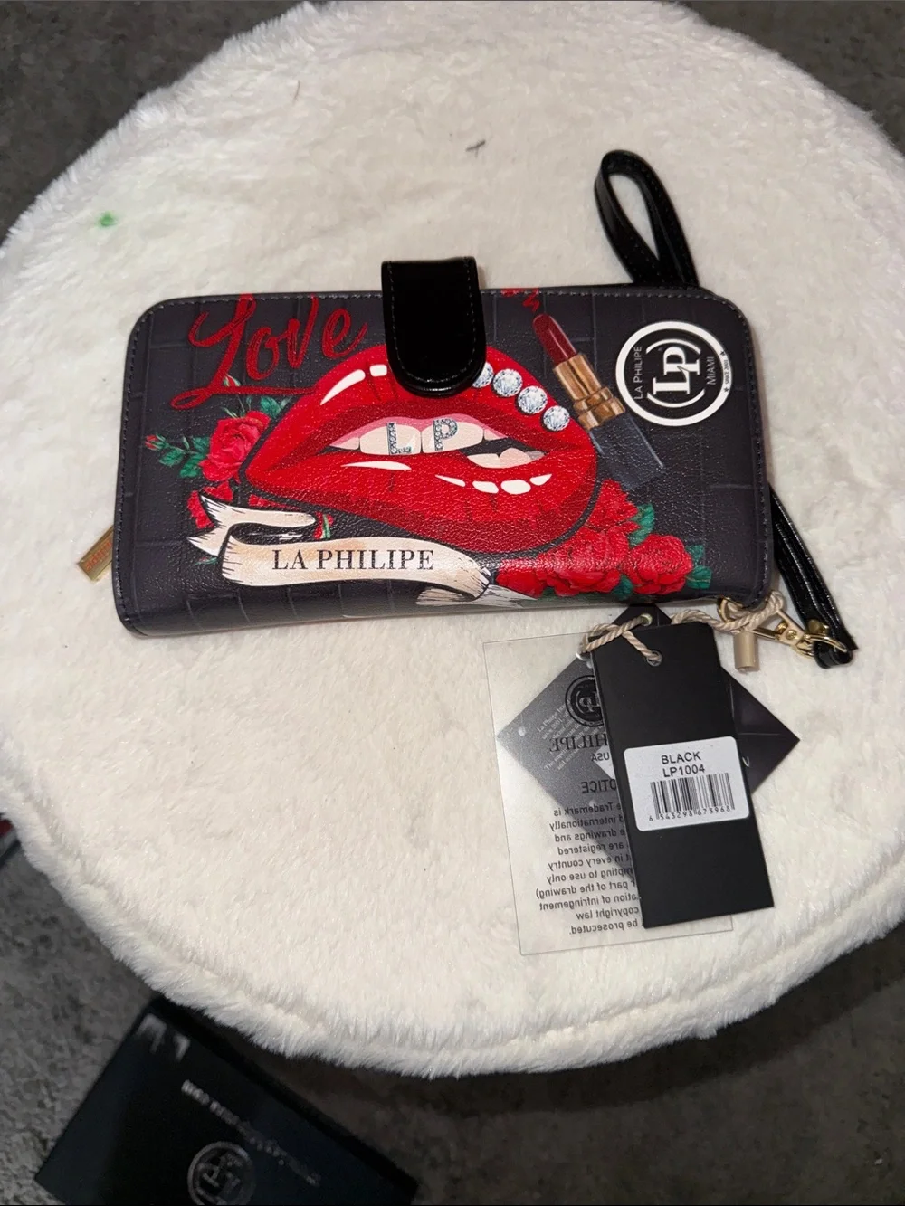 Black Tote with Red Lip Print and Matching Wallet